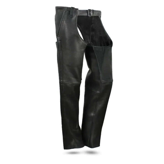  Bully Unisex Platinum Leather Chaps. Classic design with stretch panels and blacked-out hardware. Front view