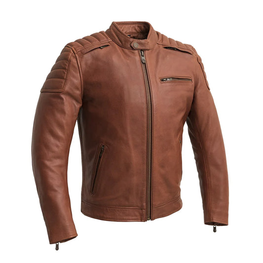 Front view of Crusader Men's Motorcycle Leather Jacket in whiskey, featuring a rich color with detailed pockets and zipper closure.