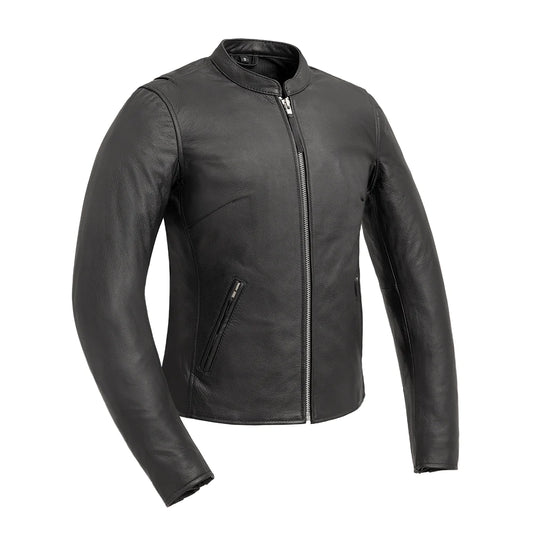  Front view of Flashback Women's Motorcycle Leather Jacket, featuring a classic design with front zipper and belted waist.