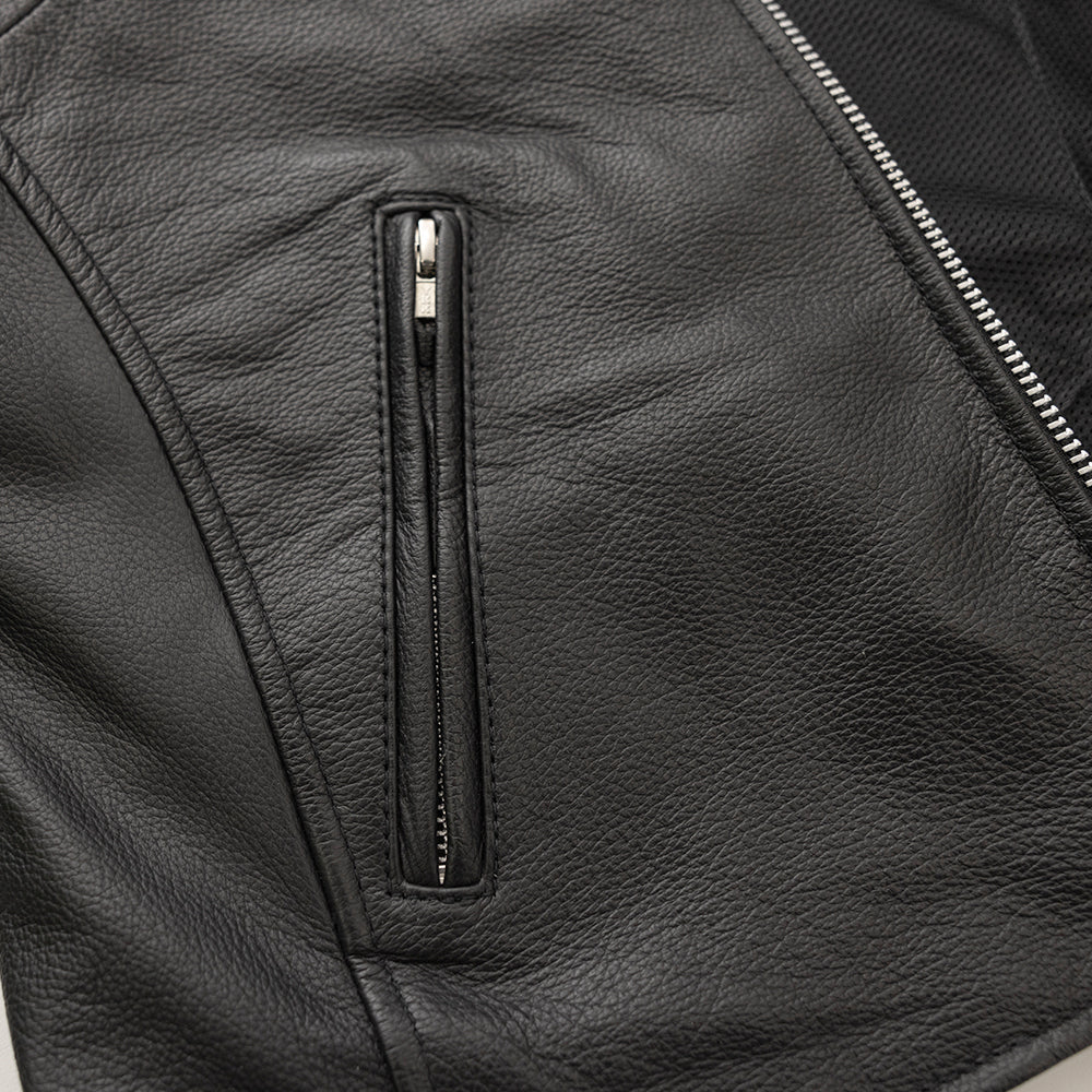 Close-up of pocket on Flashback Women's Leather Motorcycle Jacket, showcasing zipper detail and craftsmansh