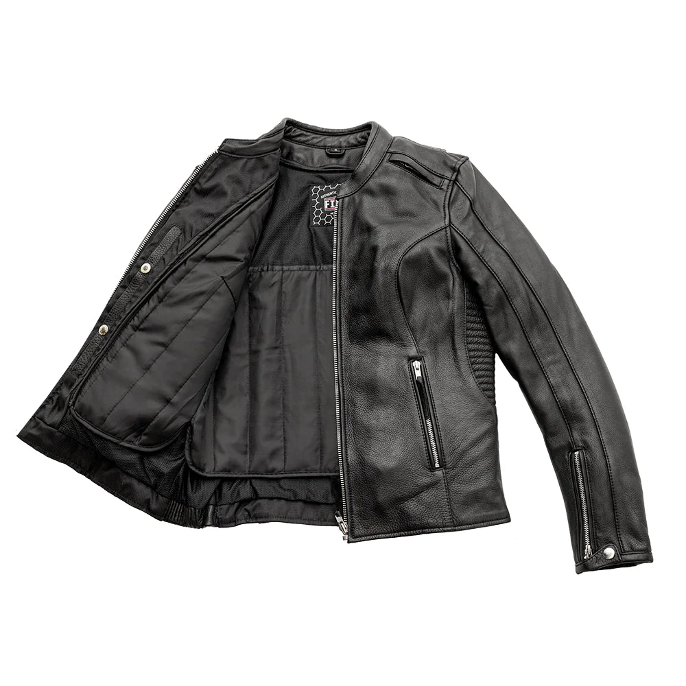  Open front of Cyclone Women's Leather Jacket, revealing interior lining and pockets.