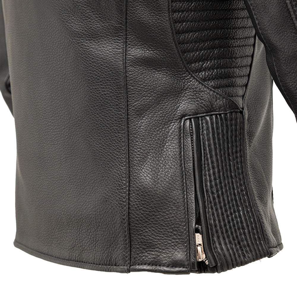  Close-up of side zipper on Cyclone Women's Leather Jacket, highlighting detail and functionality.