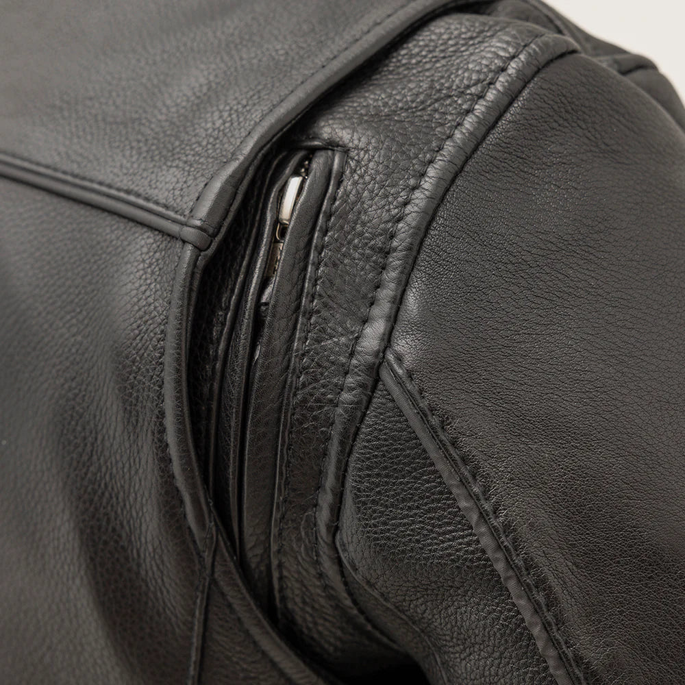 Close-up of shoulder on Cyclone Women's Leather Jacket, showcasing reinforced design and stitching.