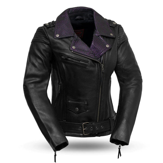 Front view of Iris Women's Motorcycle Leather Jacket, featuring a sleek and feminine design.