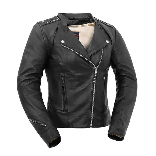 Front view of Black Widow women's leather motorcycle jacket, sleek design with zipper closure."