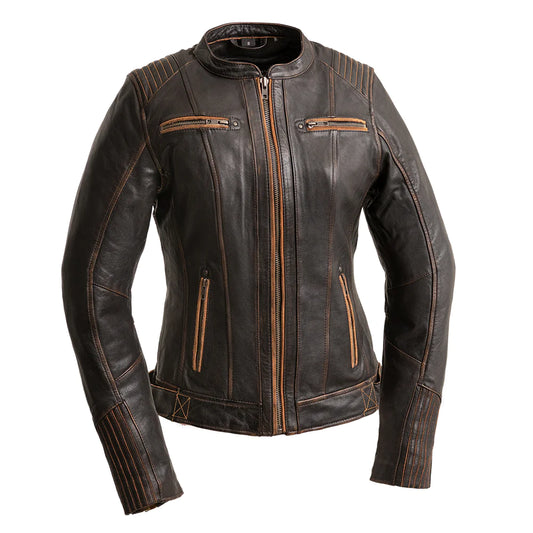 Front view of Electra Women's Leather Motorcycle Jacket, featuring sleek design with zipper closures and tailored fit.