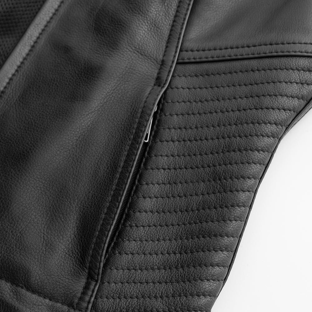 Nina Vest Stitching: Close-Up. Precise Detail. Soft Cow Diamond Leather. Durable Craftsmanship. Stylish Design.