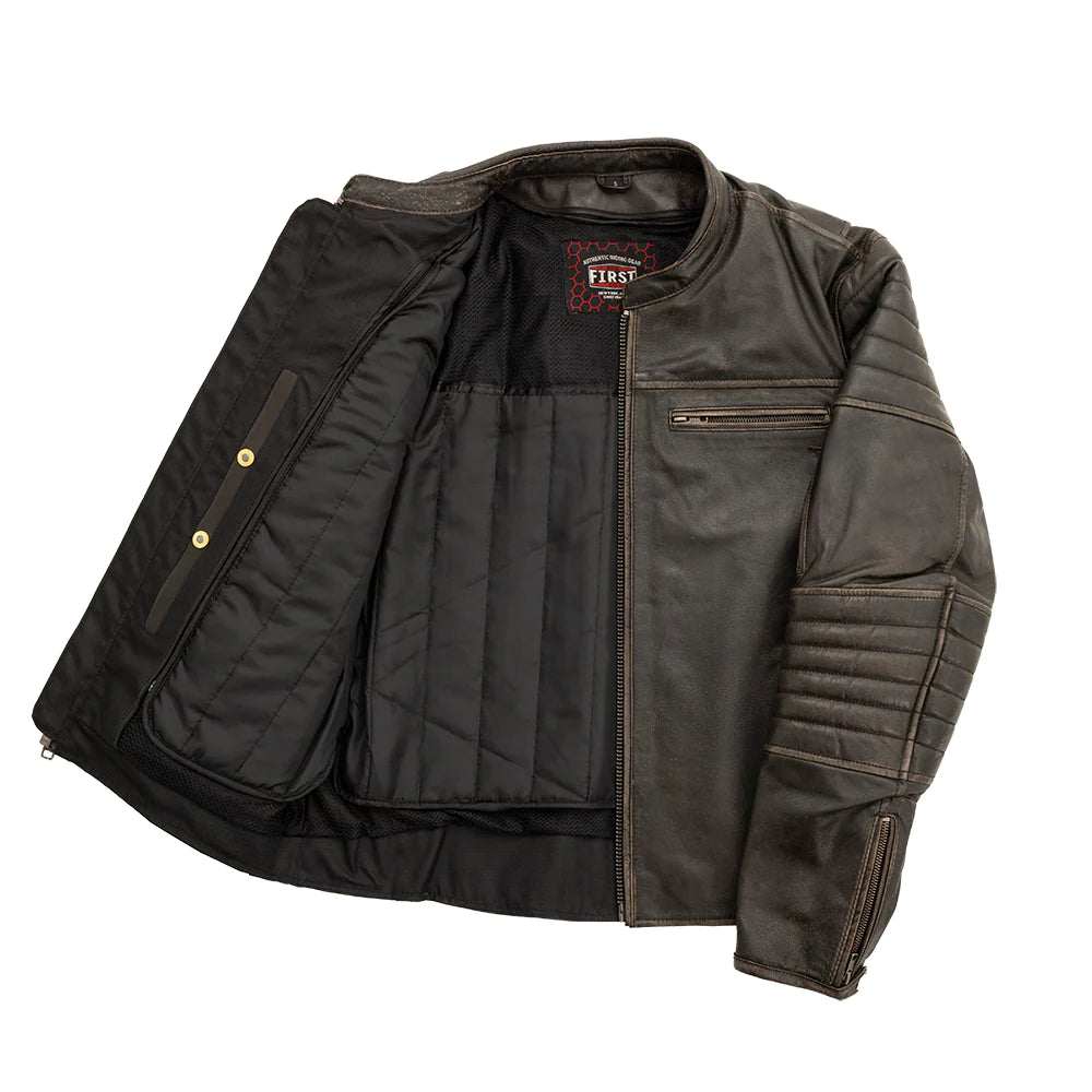 Open front of Commuter Men's Leather Jacket, showing interior lining and pockets.