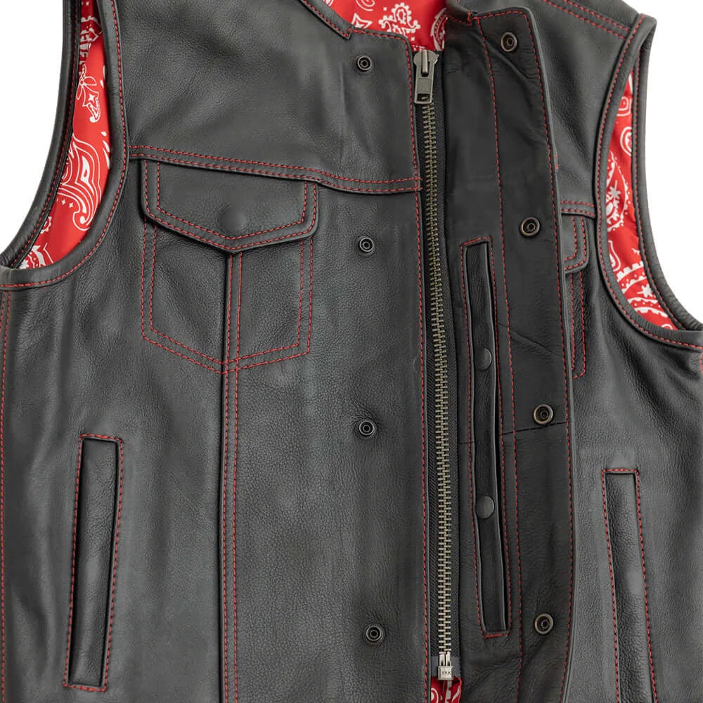Bandit Men's Leather Motorcycle Vest closeup of front 