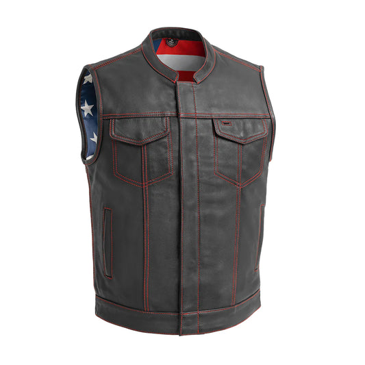  Front view of Born Free Men's Motorcycle Leather Vest (Red Stitch), featuring bold design with custom red stitching and ample pocket space.