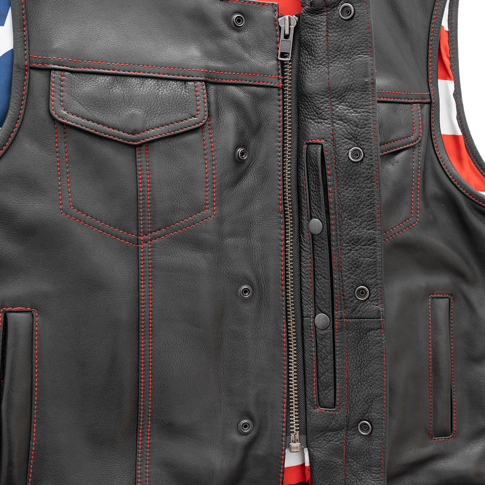  Close-up of the front detailing on Born Free Men's Motorcycle Leather Vest (Red Stitch), emphasizing the custom red stitching and quality craftsmanship