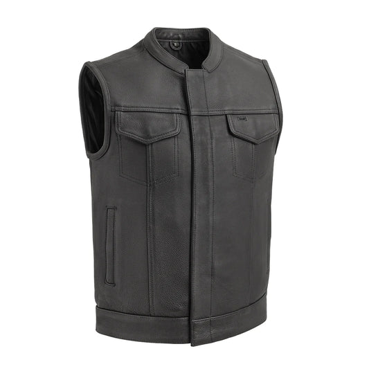  Front view of Hotshot Men's Motorcycle Leather Vest, sleek design, premium leather