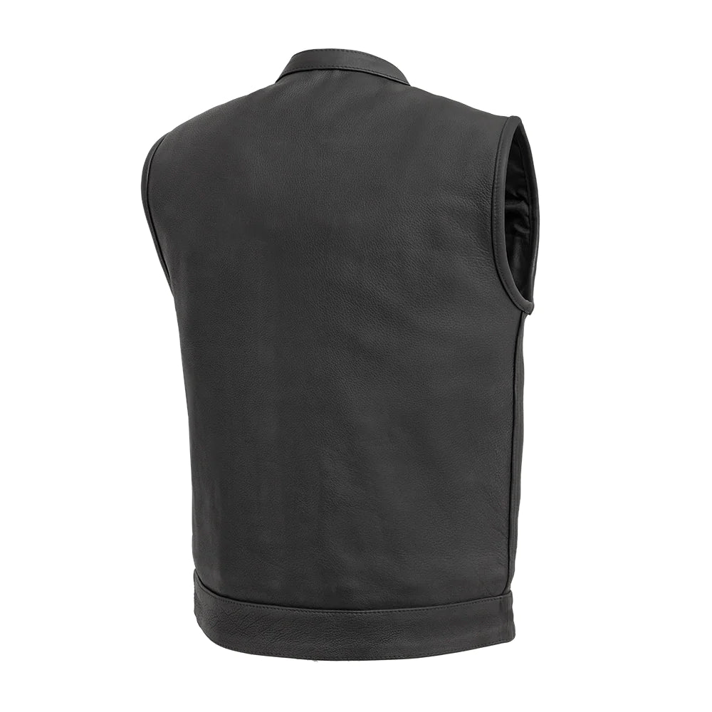 Back view of Hotshot Men's Motorcycle Leather Vest, streamlined design, quality leather