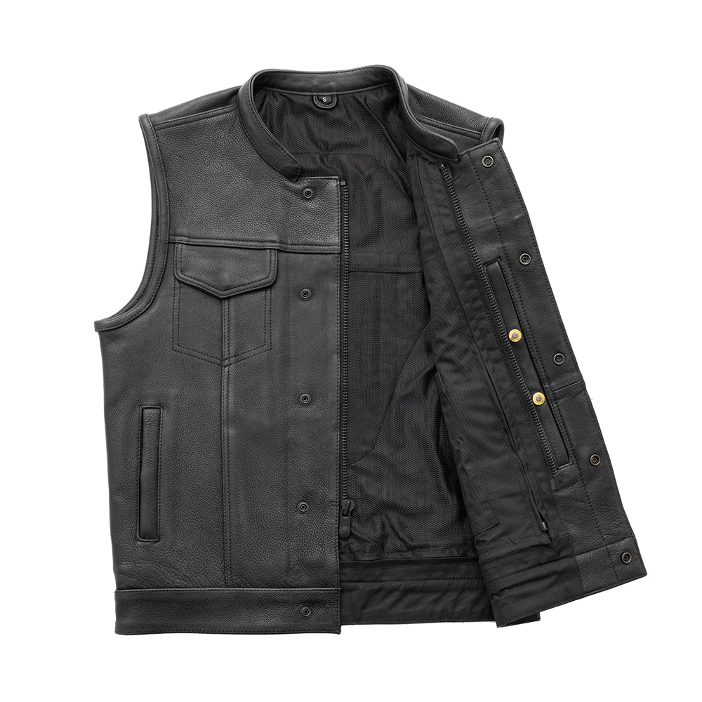 Open front view of Hotshot Men's Motorcycle Leather Vest, showcasing interior and design detail
