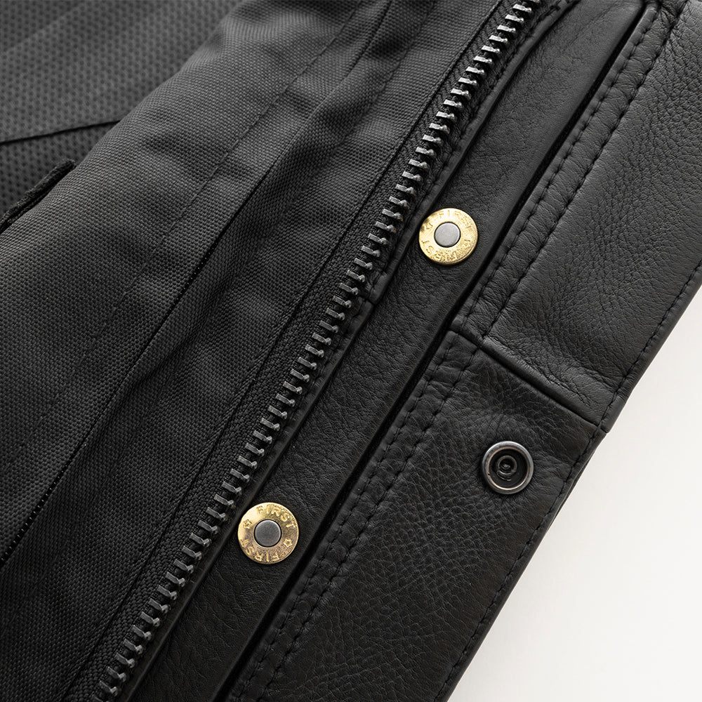 Inside view of Hotshot Men's Motorcycle Leather Vest, featuring three snaps detail