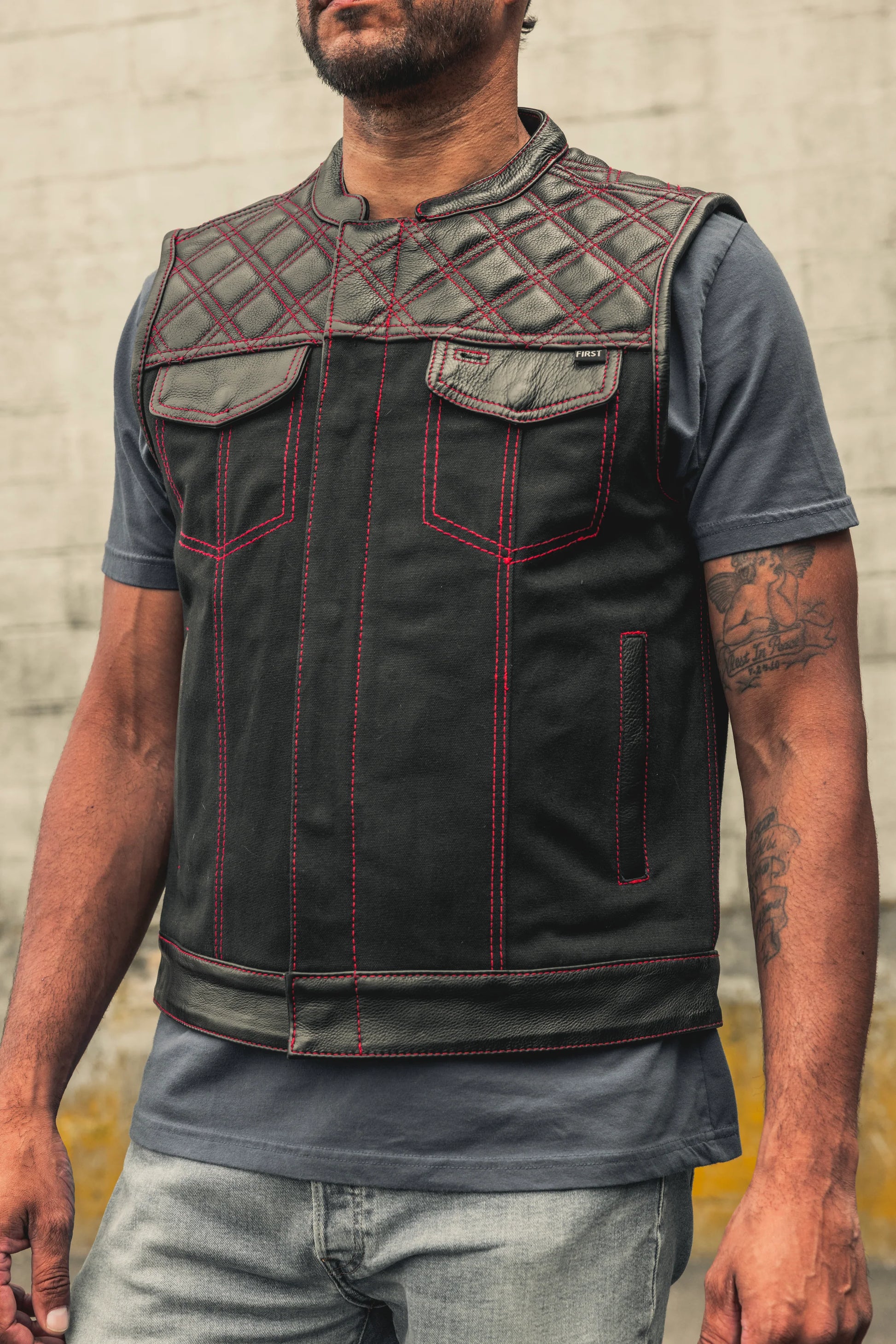 Confident Style: Man Wearing Stylish Club Vest, Concealed Carry, Black Canvas