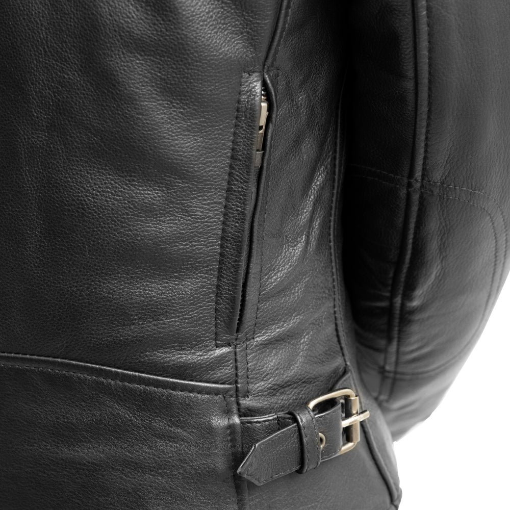 Close-up of back vent on Competition Women's Leather Jacket, showing detail and airflow design.