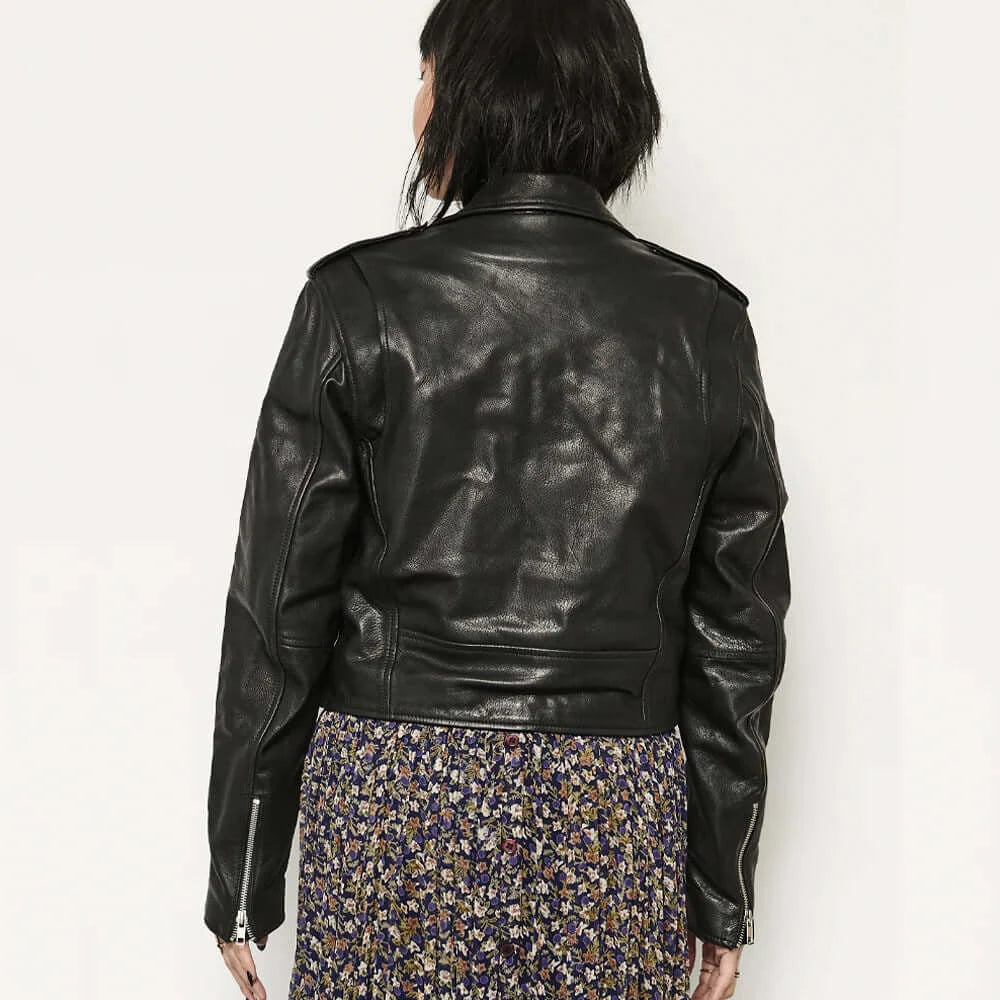 Woman wearing Imogen Leather Jacket, back view, elegant and stylish design