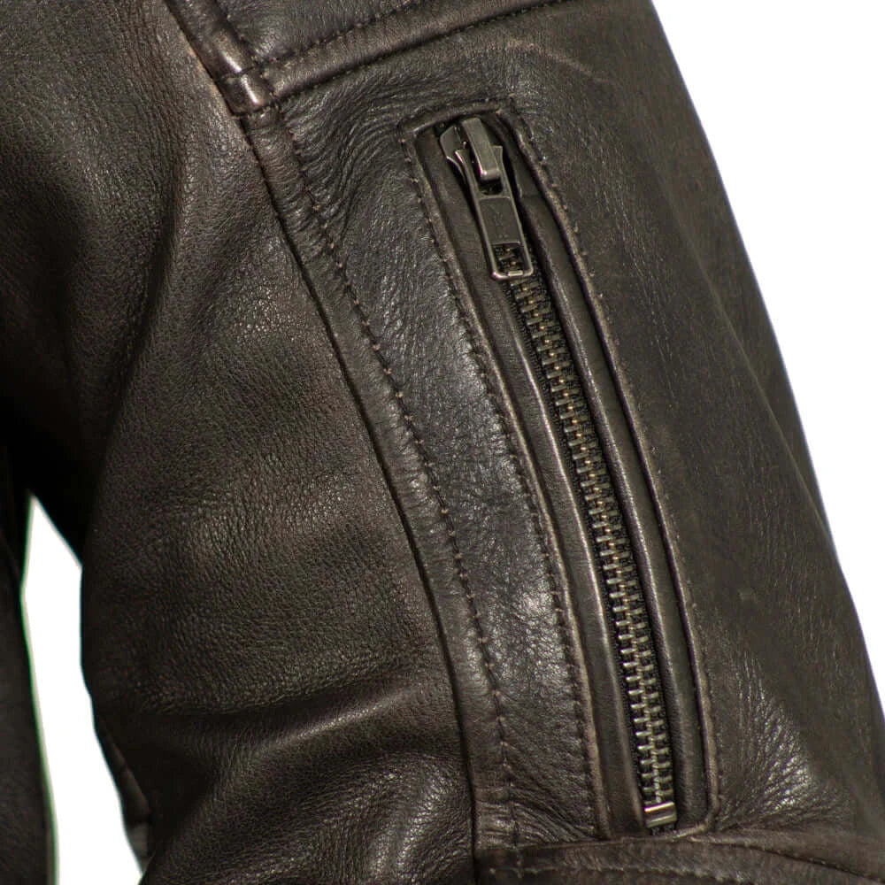 Close-up of side pocket on Commuter Men's Leather Motorcycle Jacket, featuring zipper closure.