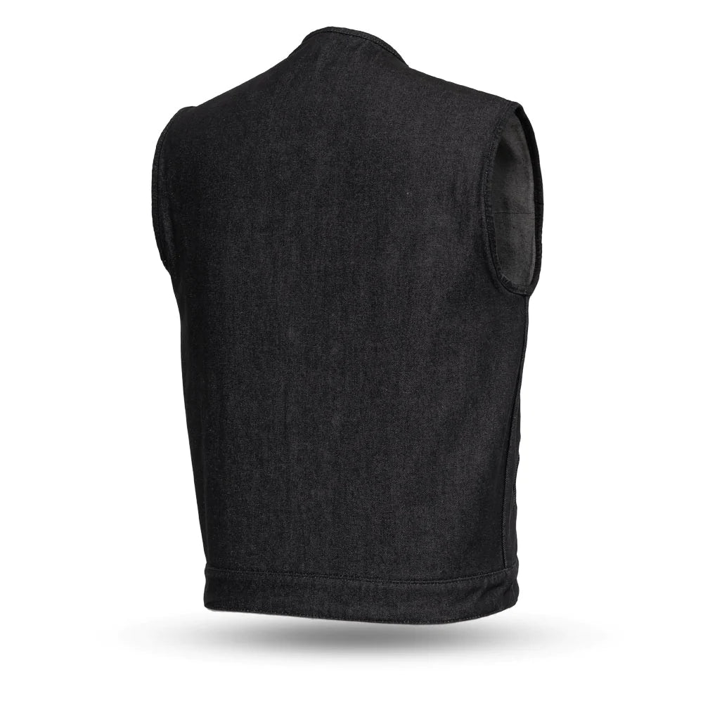 Back View Haywood Denim Vest: Conceal Carry, Raw Denim
