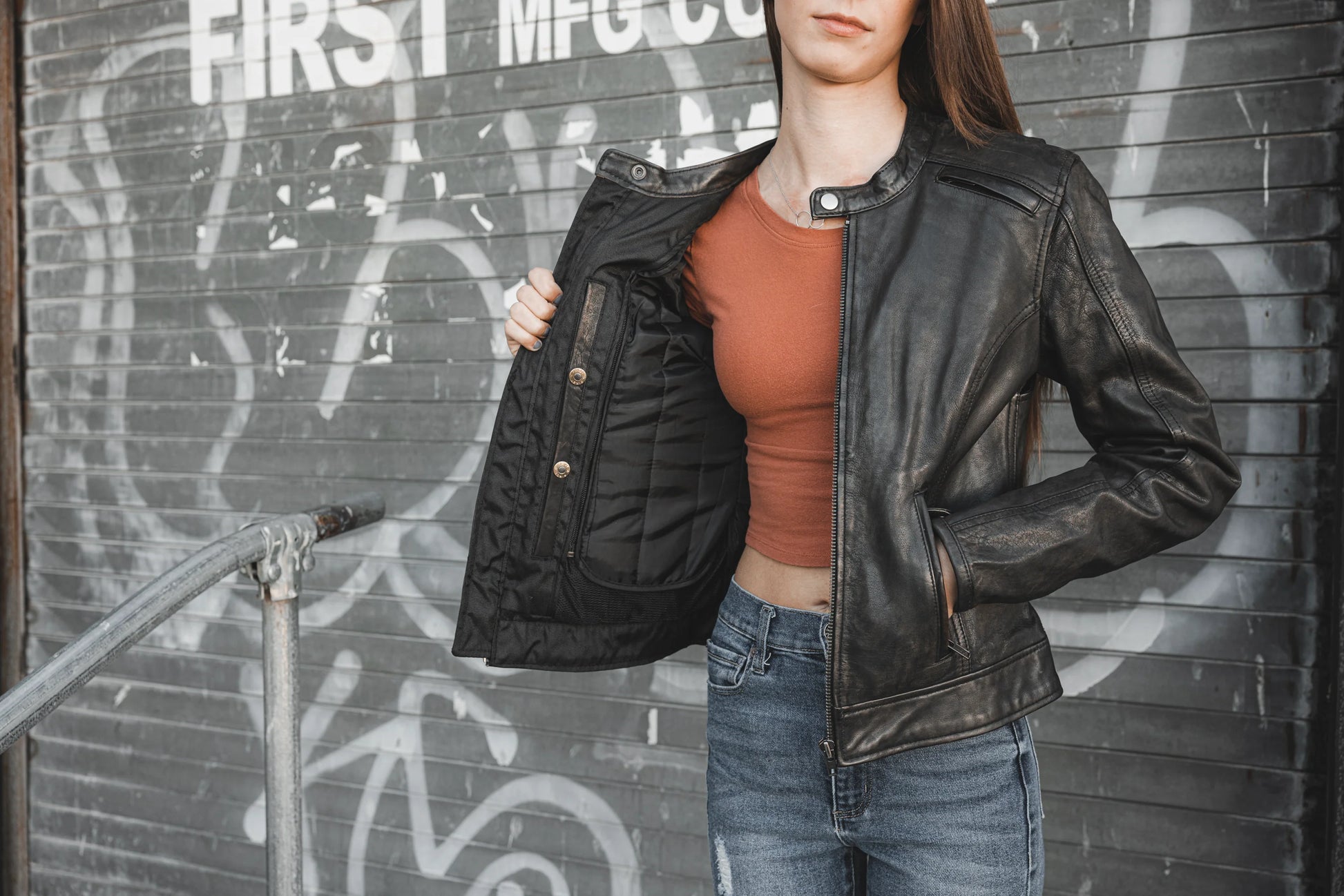 Trickster Motorcycle Jacket: Woman Wearing, Open, Vents, Conceal Carry. Stylish Leather