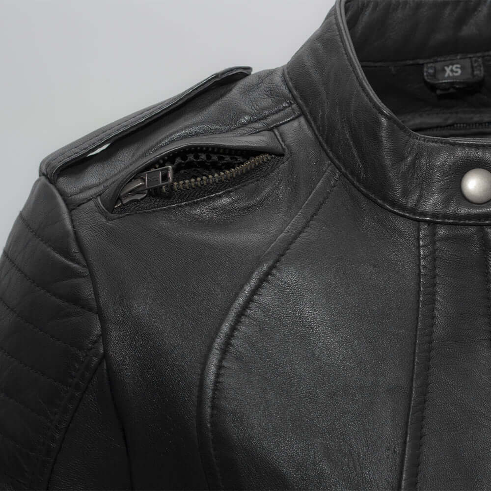 Closeup of shoulder zipper on Biker women's motorcycle jacket 