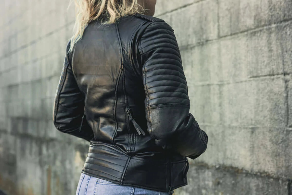 Women wearing back view of Biker Motorcycle jacket 