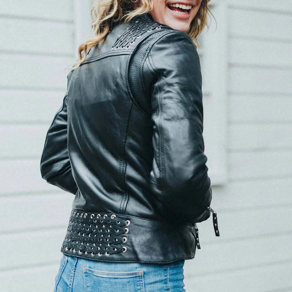 "Rear perspective of the Black Widow women's leather motorcycle jacket, showcasing its reinforced back and elegant silhouette."