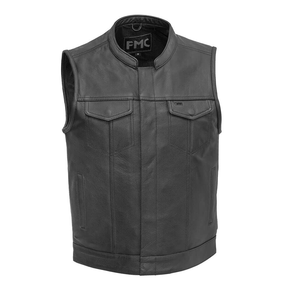 Front view of Blaster Men's Leather Vest, featuring zipper pockets, V-neck, and sleek biker design.