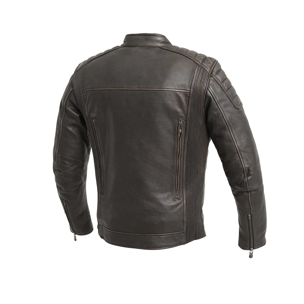 Back of Crusader Men's Leather Jacket, brown/beige, showing clean design.