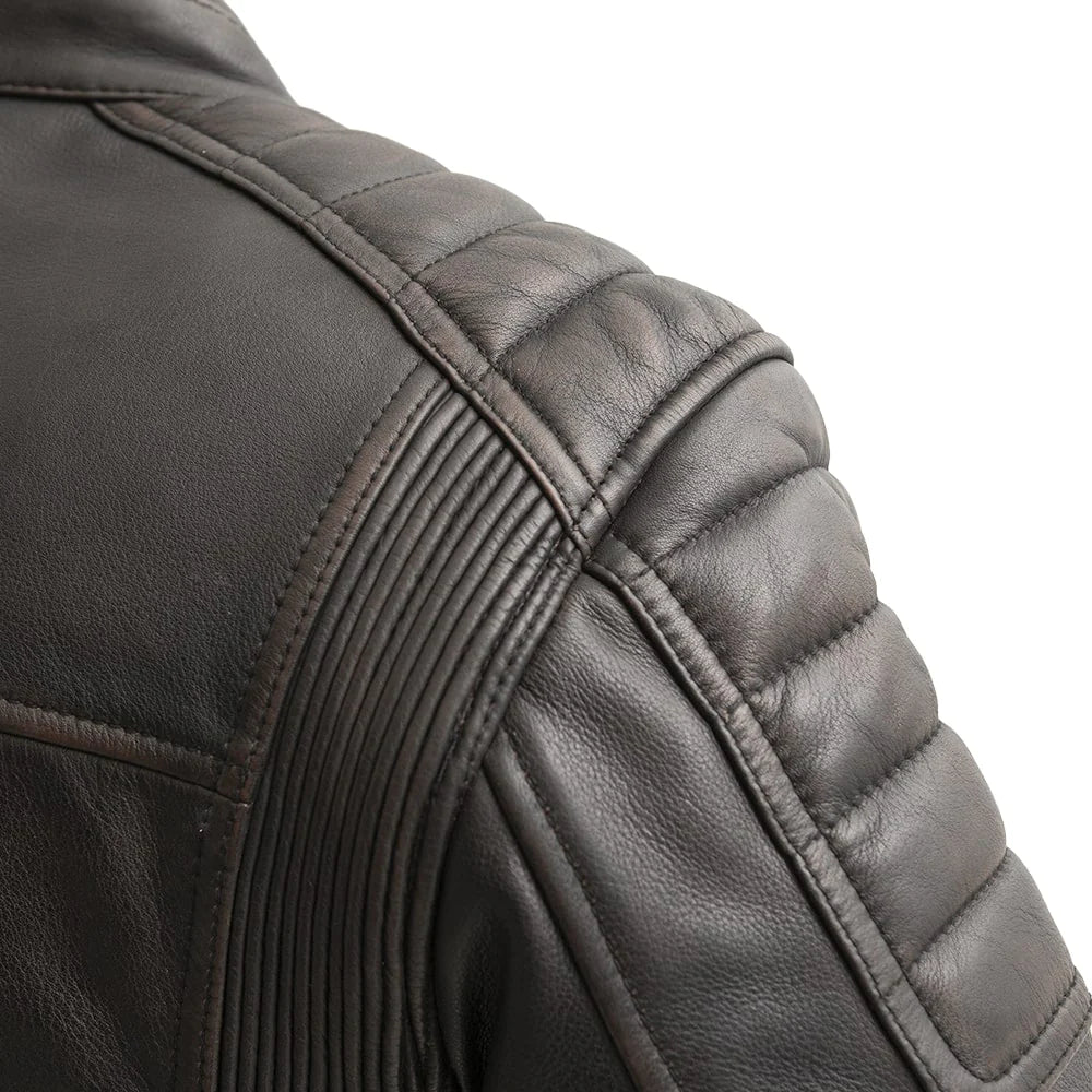 Close-up of shoulder on Crusader Men's Leather Jacket, showcasing reinforced design and stitching in brown/beige.