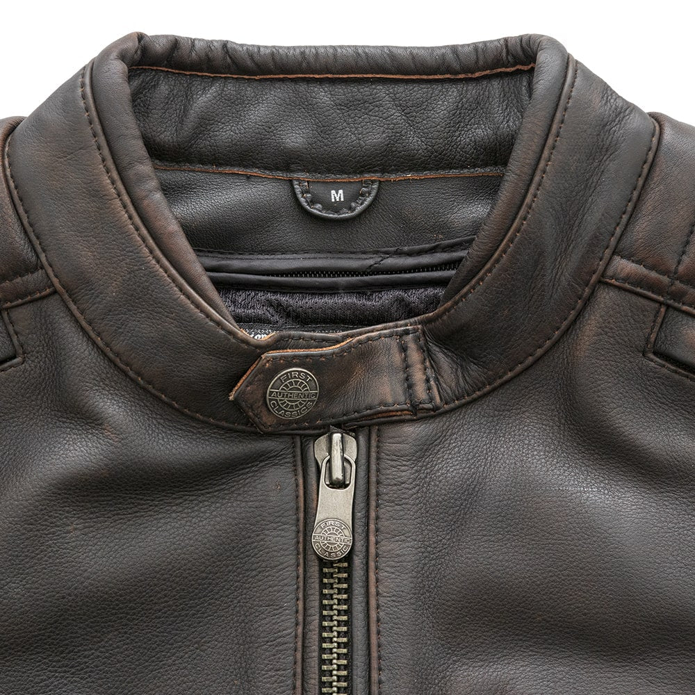 Close-up of collar on Crusader Men's Leather Jacket, brown/beige, highlighting texture and detail.