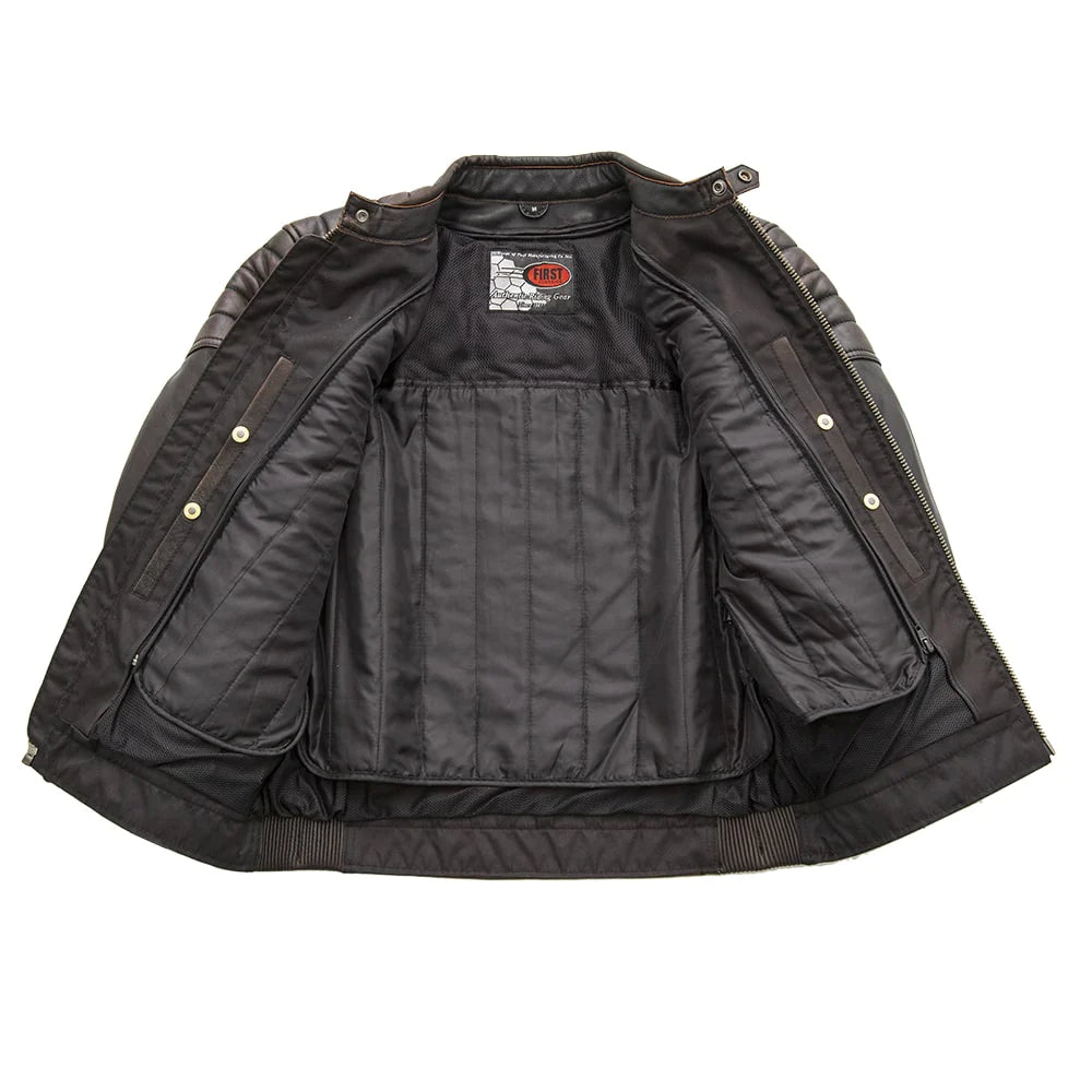 Open front of Crusader Men's Jacket, brown/beige, displaying interior lining and pockets.