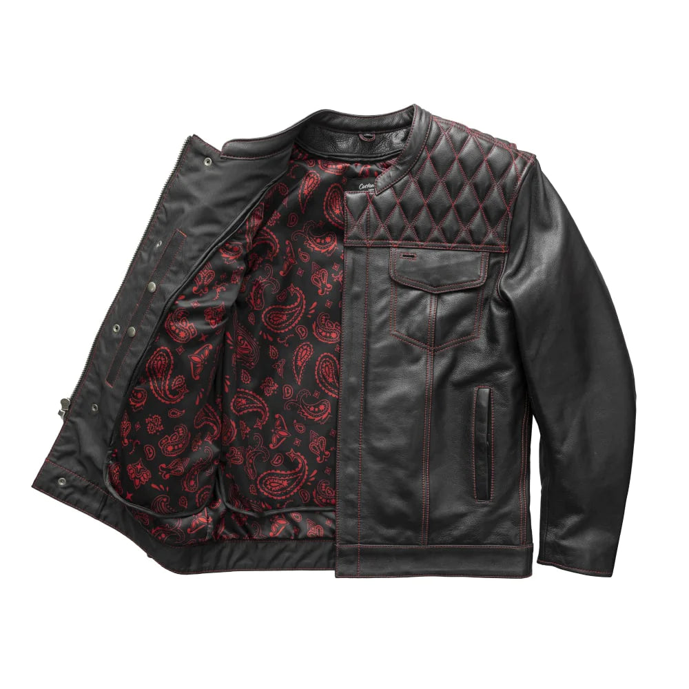 Cinder Men's Cafe Style Leather Jacket Red Pocket Styles