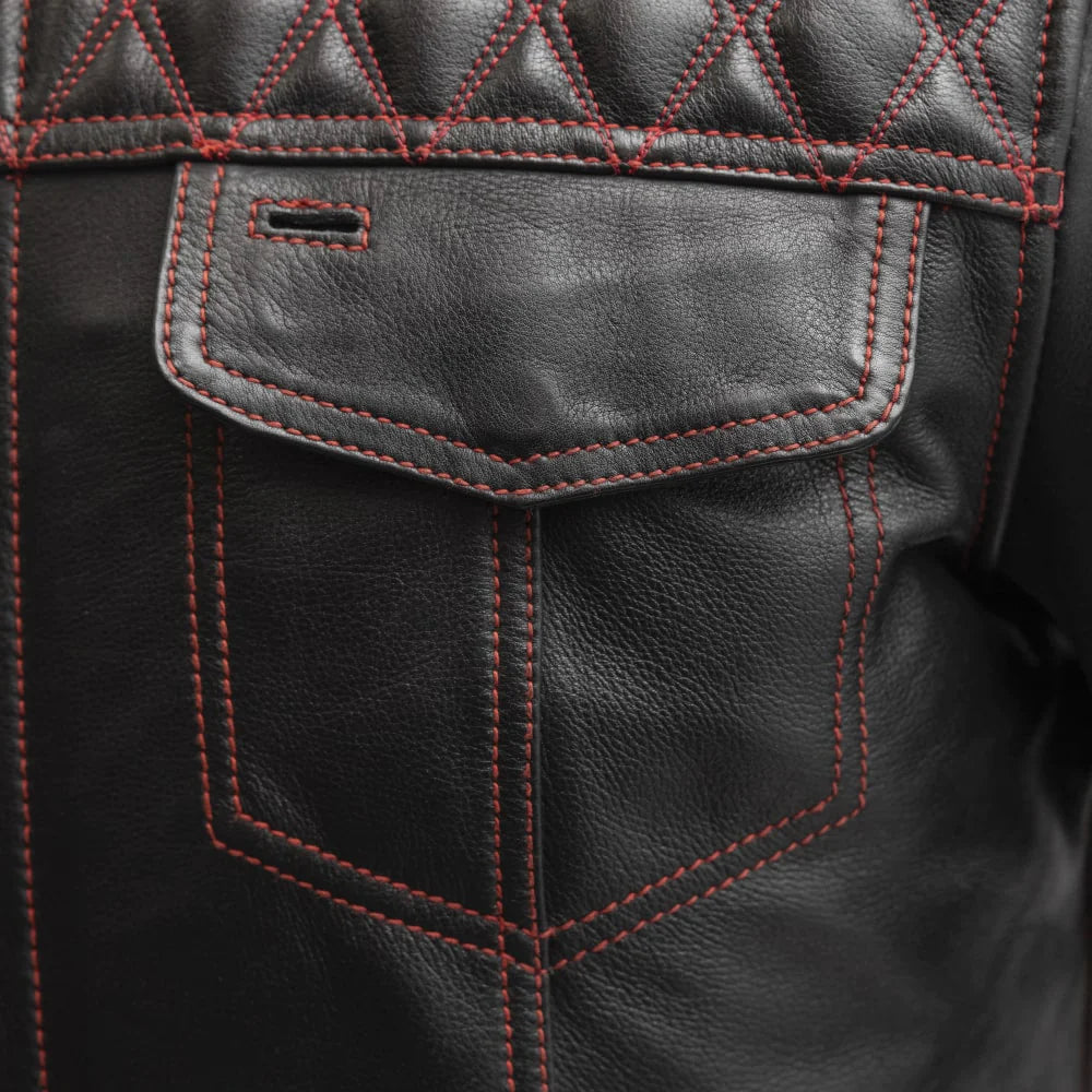 Cinder Men's Cafe Style Leather Jacket Red Snap Down Pockets