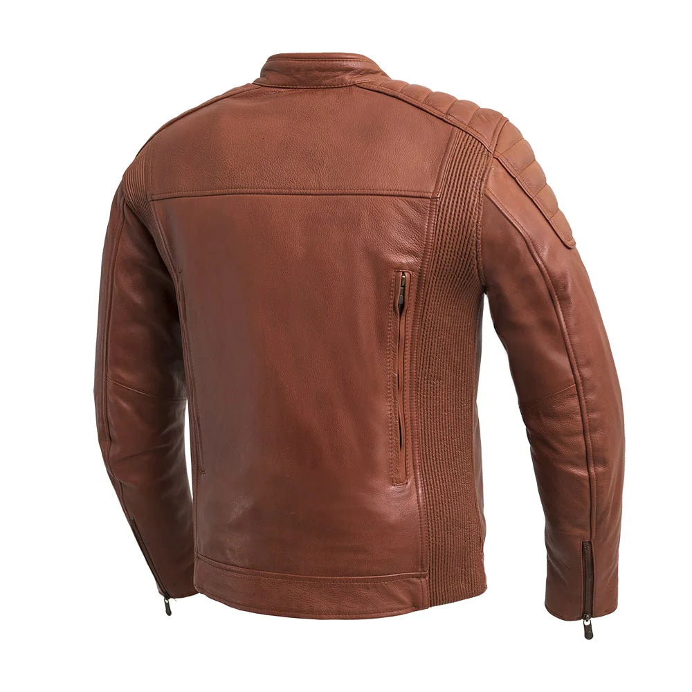 Back of Crusader Men's Leather Jacket in whiskey, highlighting sleek design and clean lines.