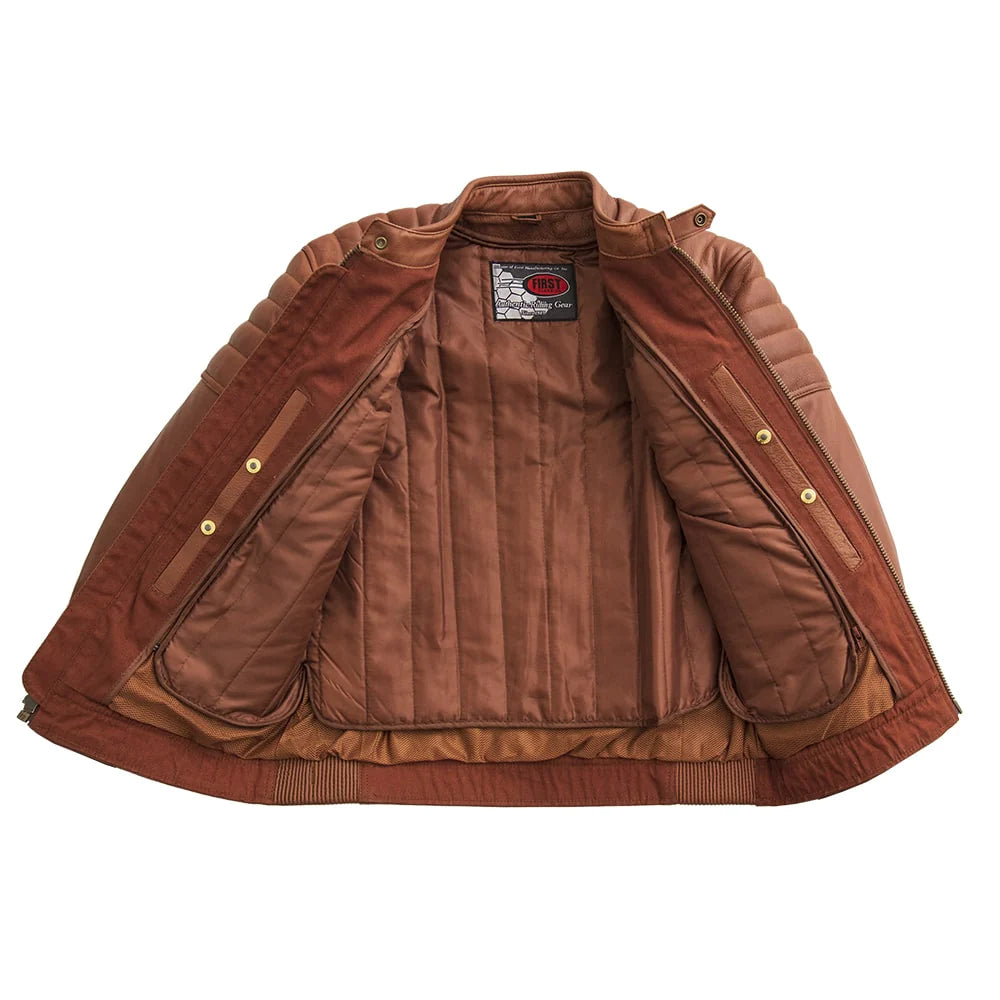 Open front of Crusader Men's Leather Jacket in whiskey, showing interior pockets and lining detail.