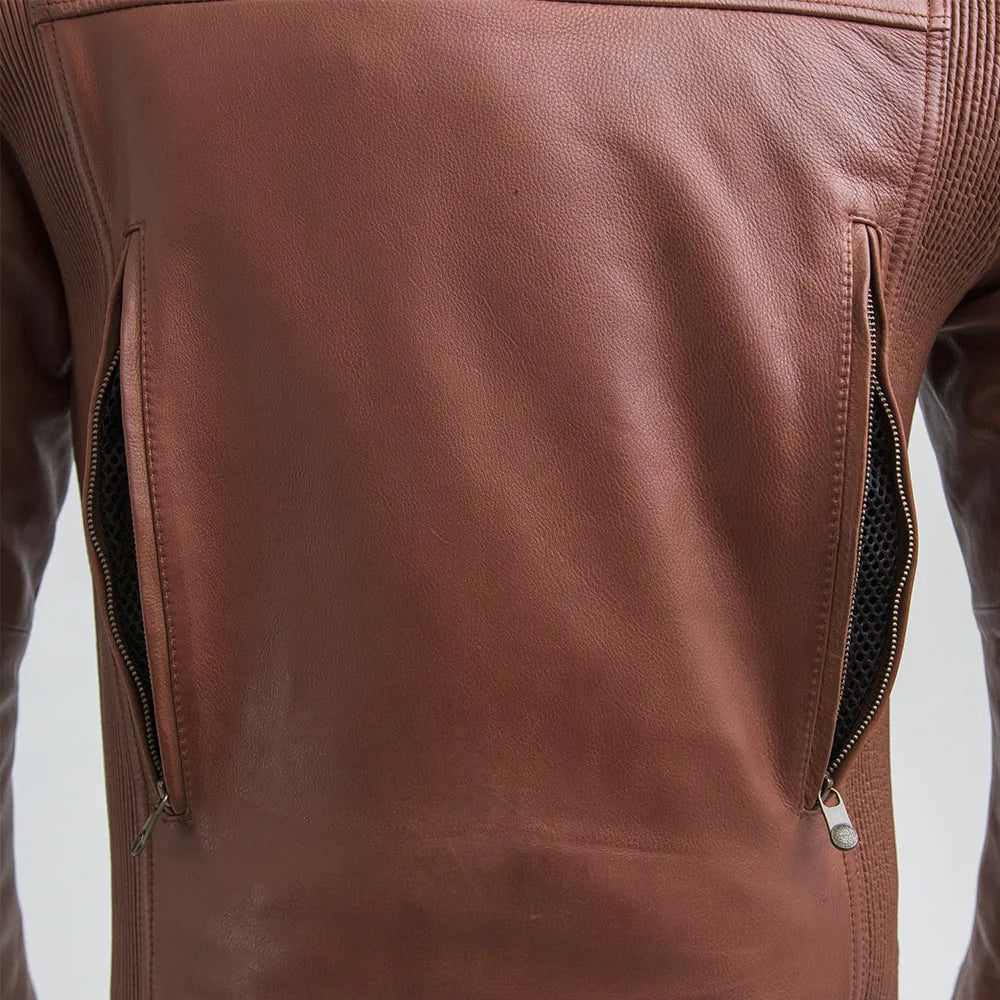  Close-up of the back on Crusader Men's Leather Jacket in whiskey, focusing on stitching and material quality.