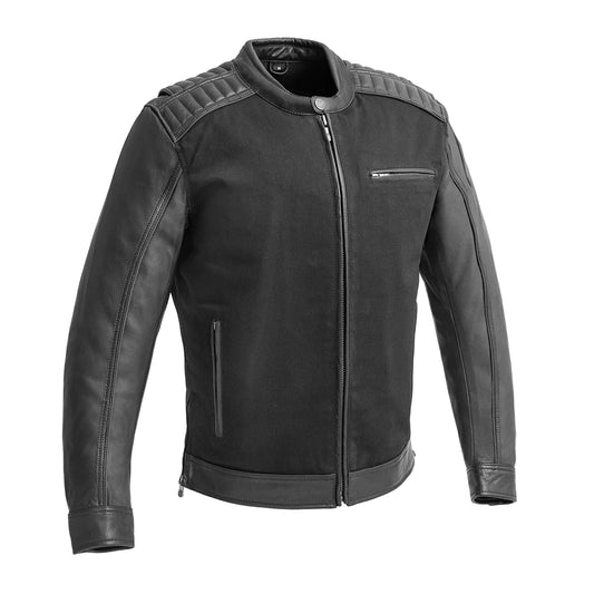  Front view of Daredevil Men's Motorcycle Twill/Leather Jacket, featuring a hybrid design with leather accents and multiple pockets.