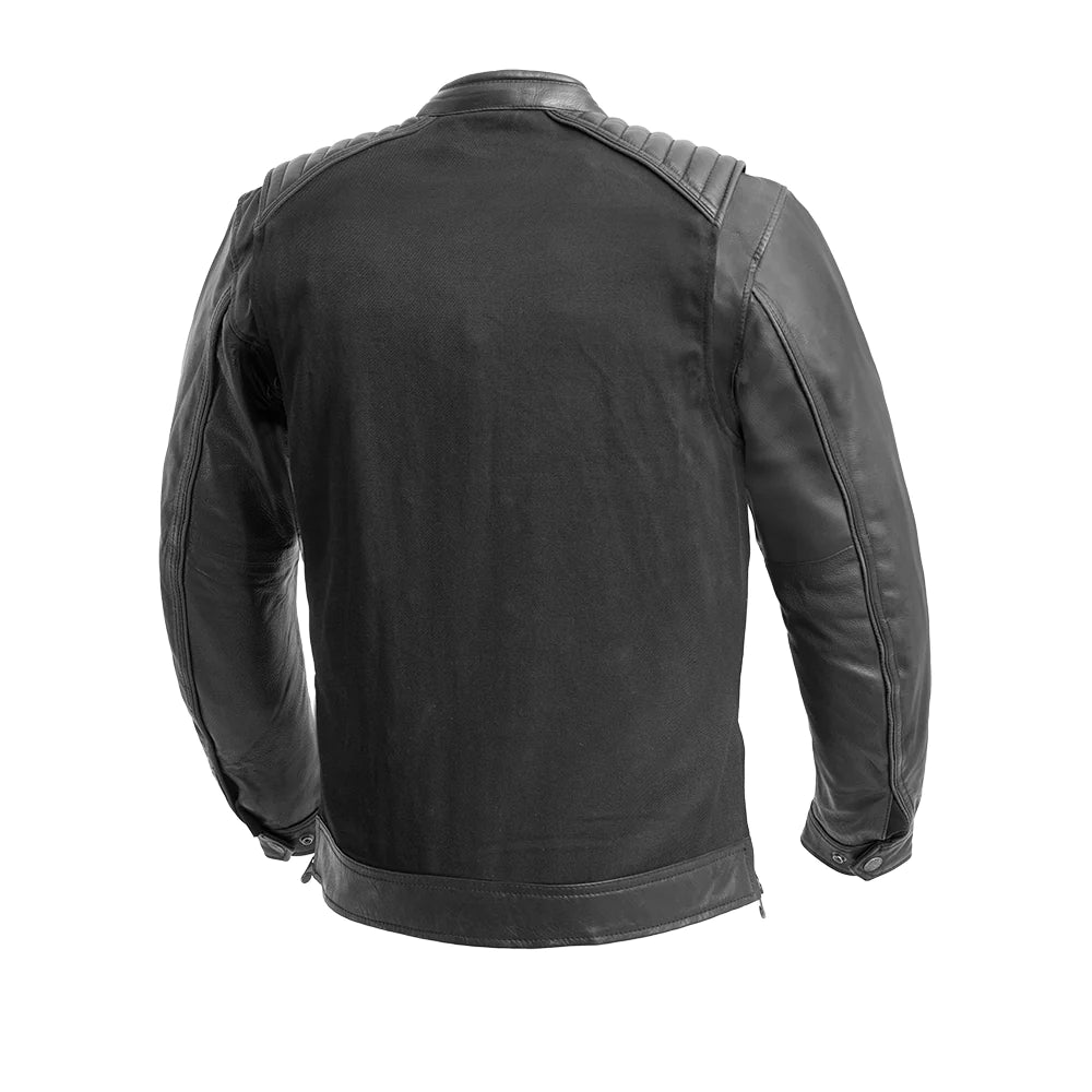  Back of Daredevil Men's Twill/Leather Motorcycle Jacket, showing clean design and leather detailing.