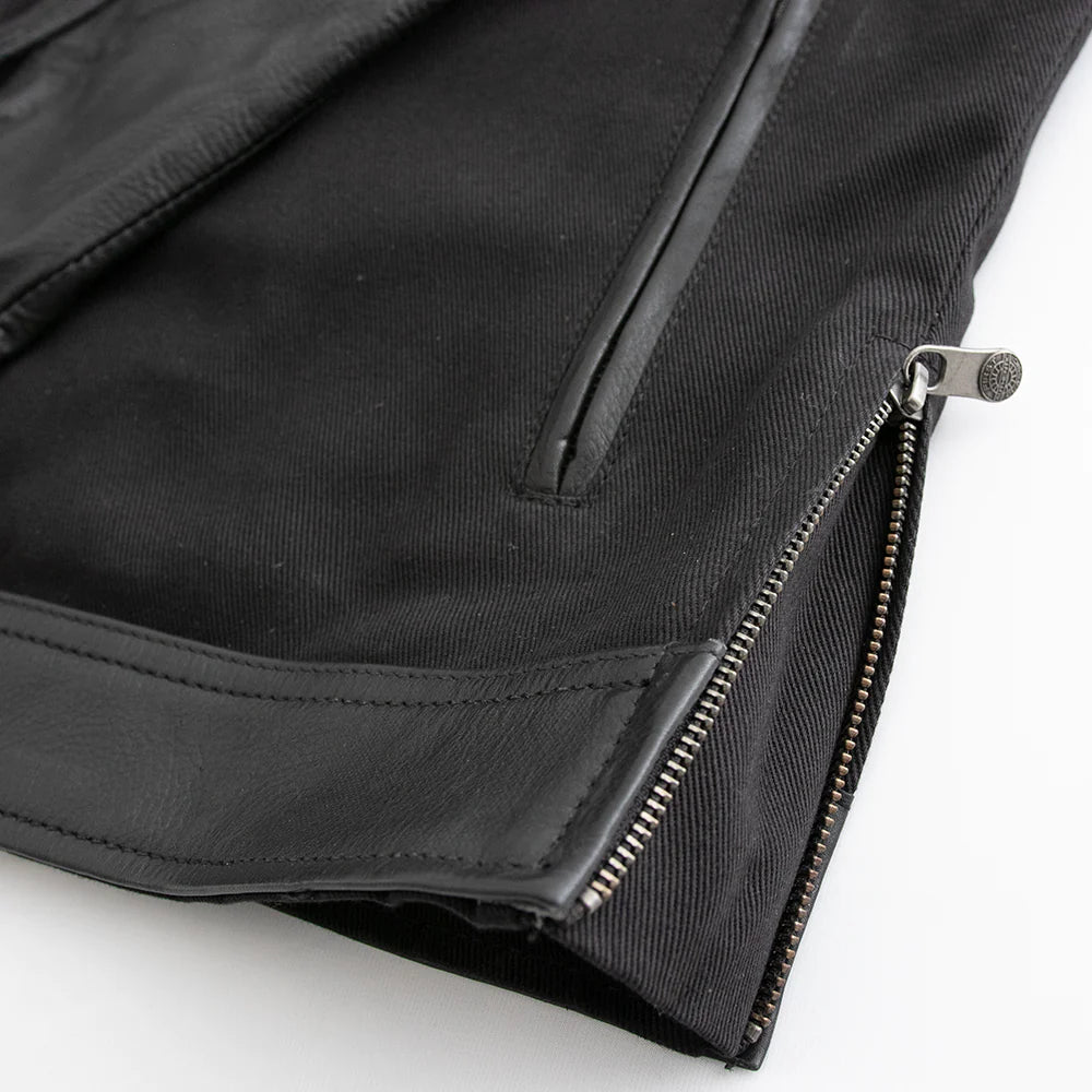 Close-up of the lining inside Daredevil Men's Twill/Leather Motorcycle Jacket, showcasing fabric quality and design.