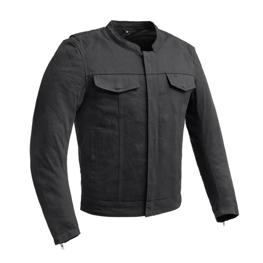  Front view of Desperado Men's Motorcycle Twill Jacket, featuring rugged design with front pockets and snap closures.