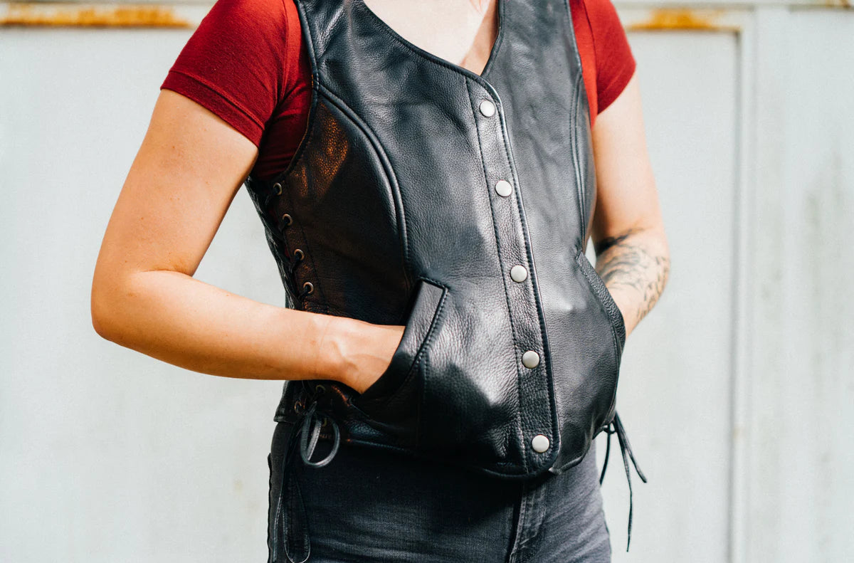 Honey badger women's motorcycle leather vest front pockets