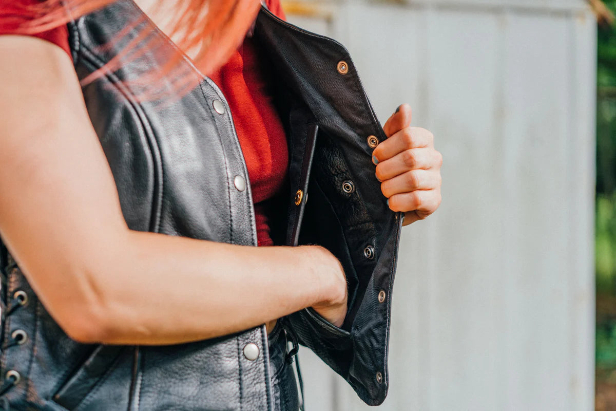 Honey badger women's motorcycle leather vest concealed pocket
