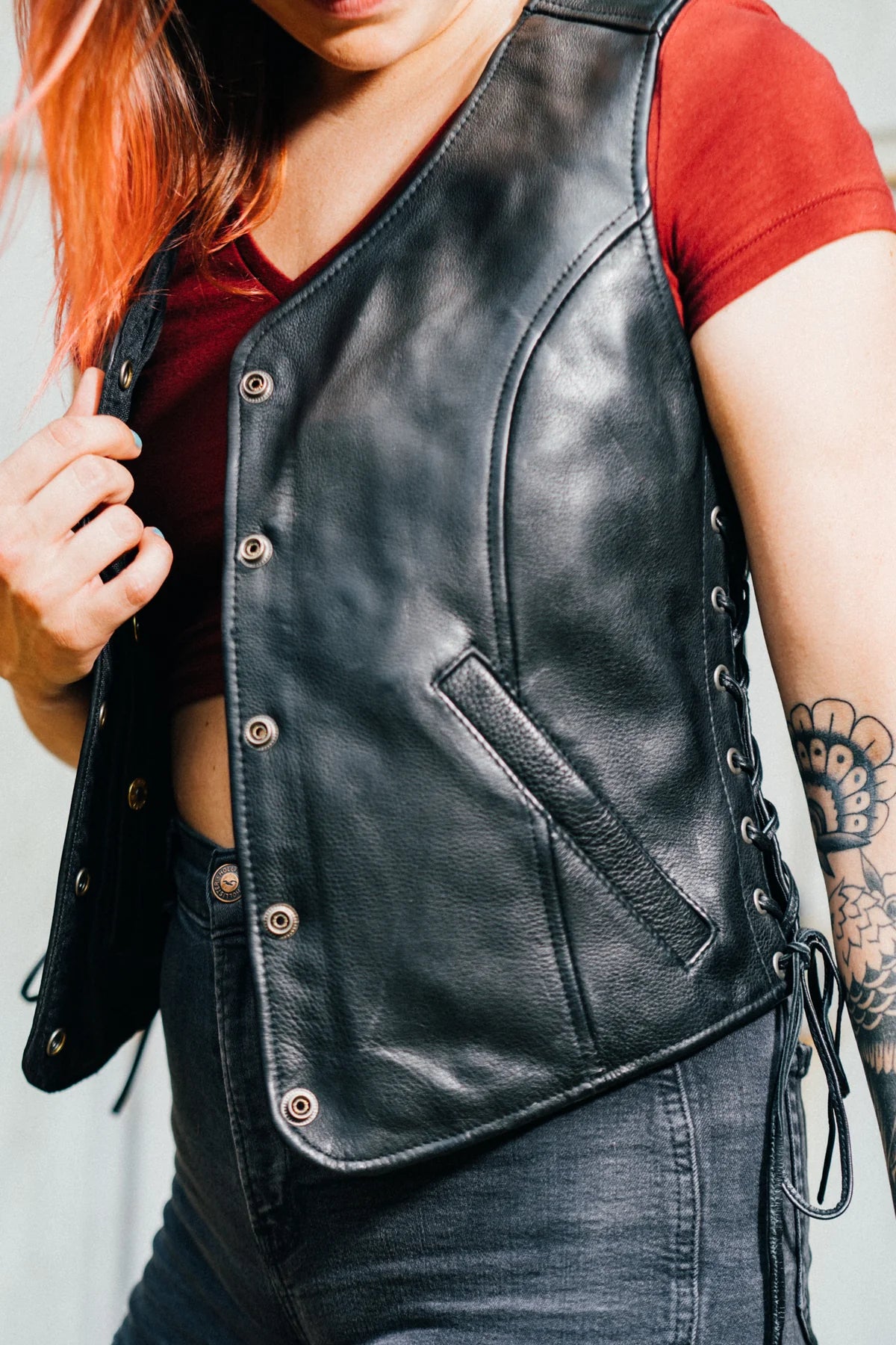 Honey badger women's motorcycle leather vest woman wearing