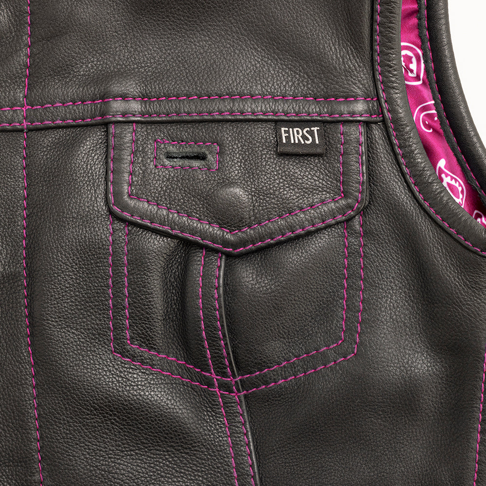 Pocket Detail of Jessica Vest: Pink Stitching, Diamond Cowhide