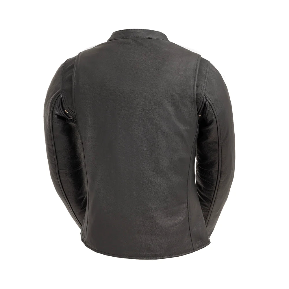 Back of Flashback Women's Leather Motorcycle Jacket, highlighting clean lines and fitted silhouette.