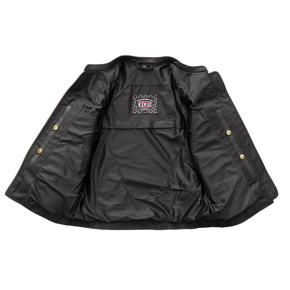Open front of Flashback Women's Leather Motorcycle Jacket, displaying interior lining and pocket details.