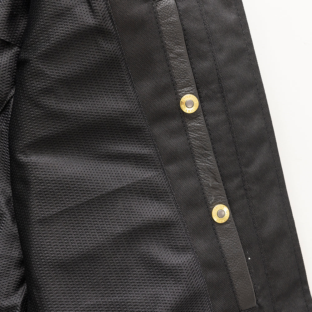  Close-up of inside snaps on Flashback Women's Leather Motorcycle Jacket, highlighting secure closure and detail.