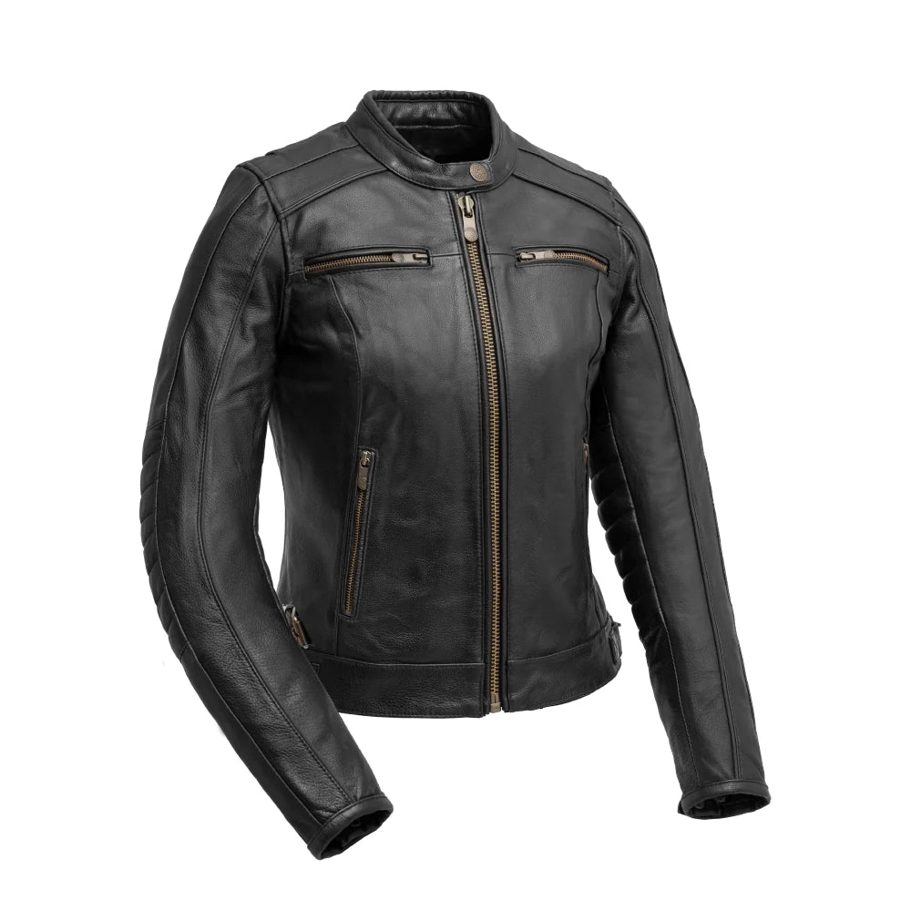  "Front view of 'The Jada' leather motorcycle jacket."